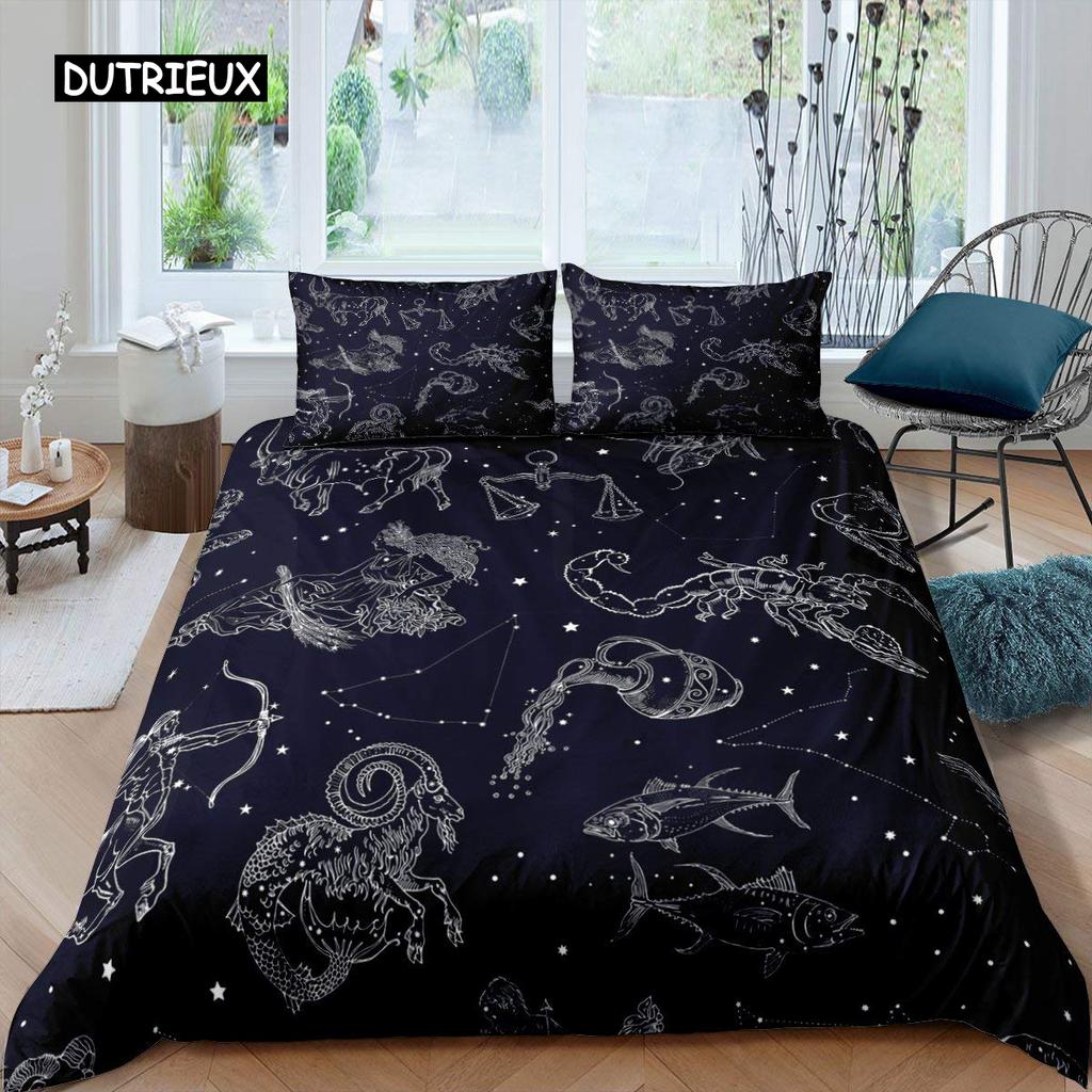Constellation Duvet Cover Set Golden Pattern Comforter Cover Zodiac Signs Starry Sky Animal Queen Size Quilt Cover for Boy Men
