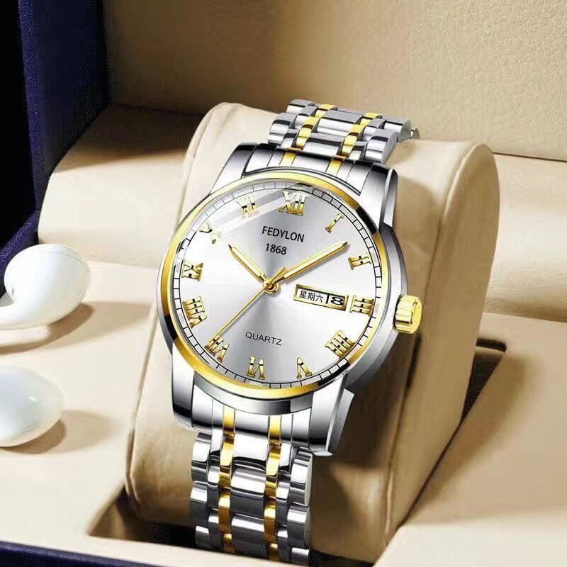 New Black Korean Style Trendy Student Roman Steel Belt Watch for Men Quartz Double Calendar Waterproof Men's Watch