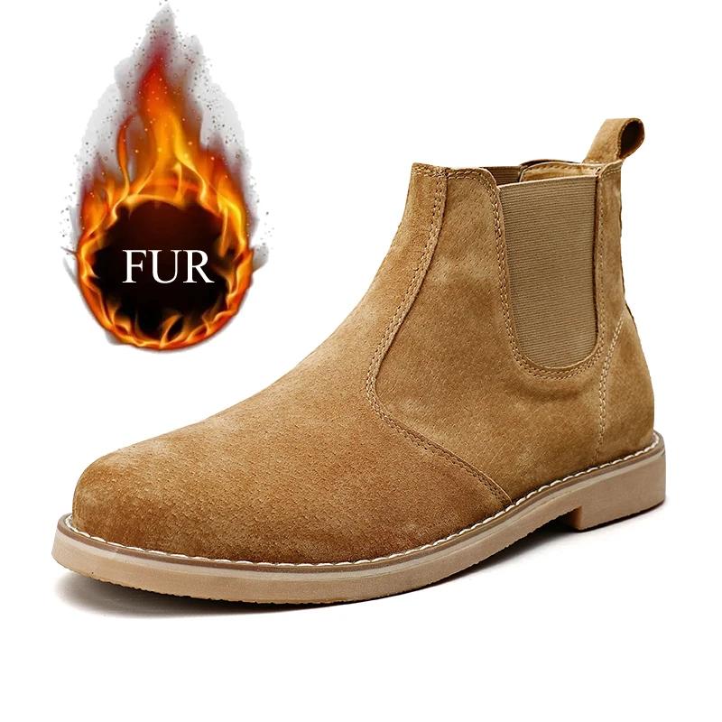 Fashion Autumn Winter Plush Desert Boots Mens High Top Chelsea Boots Leather Casual Shoes Footwear Low-heel Outdoor Work Boots