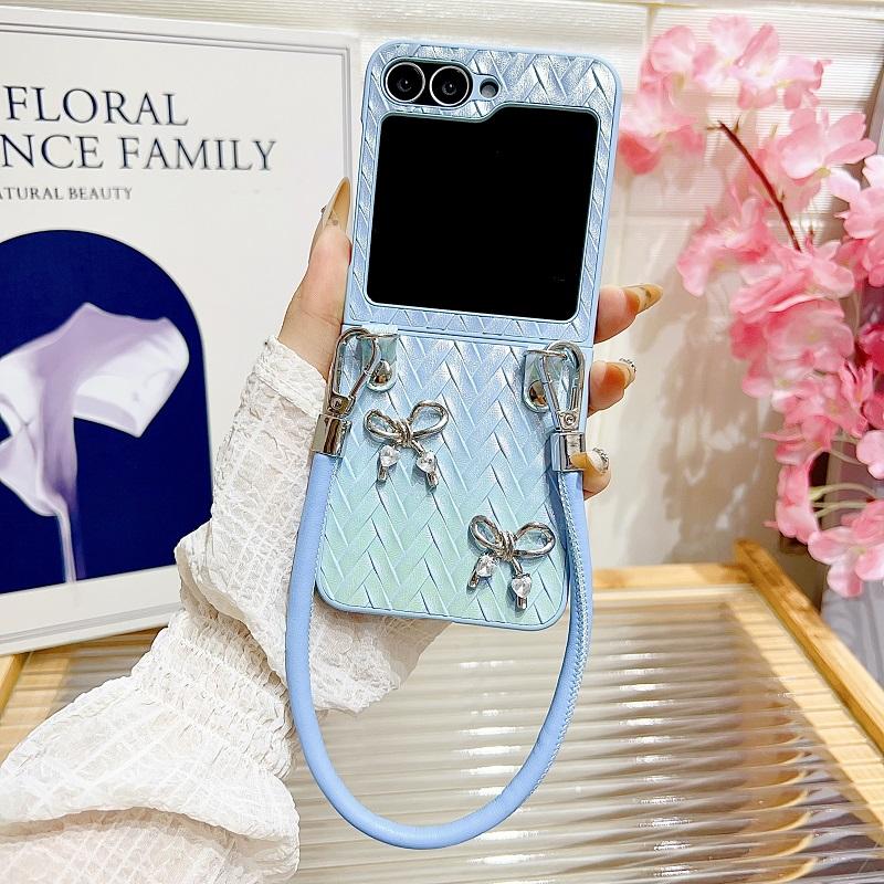 Luxury Gradient 3D Bow Weave Pattern Phone Case for Samsung Galaxy Z Flip 3 4 5 6 5G Flip6 With Lanyard Shockproof Back Cover