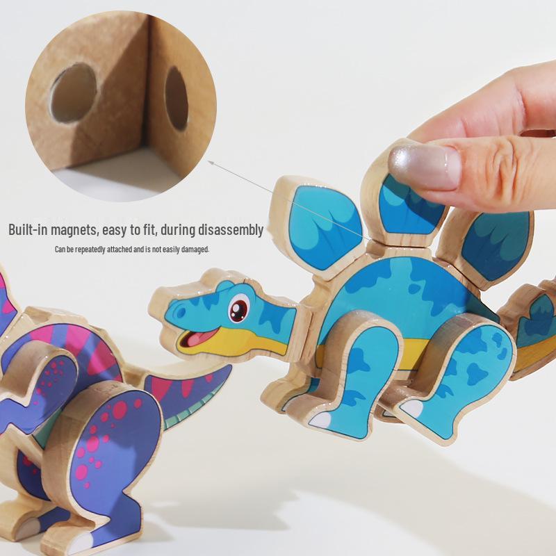 DIY Magnetic Wooden Dinosaur 3D Puzzle Blocks - Educational Toy for Children