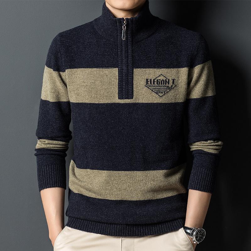 Men's Wool Woolen Wool Autumn and Winter Casual Tide Contrasted Knitting Shirt Zipper Half -high Collar Sweater