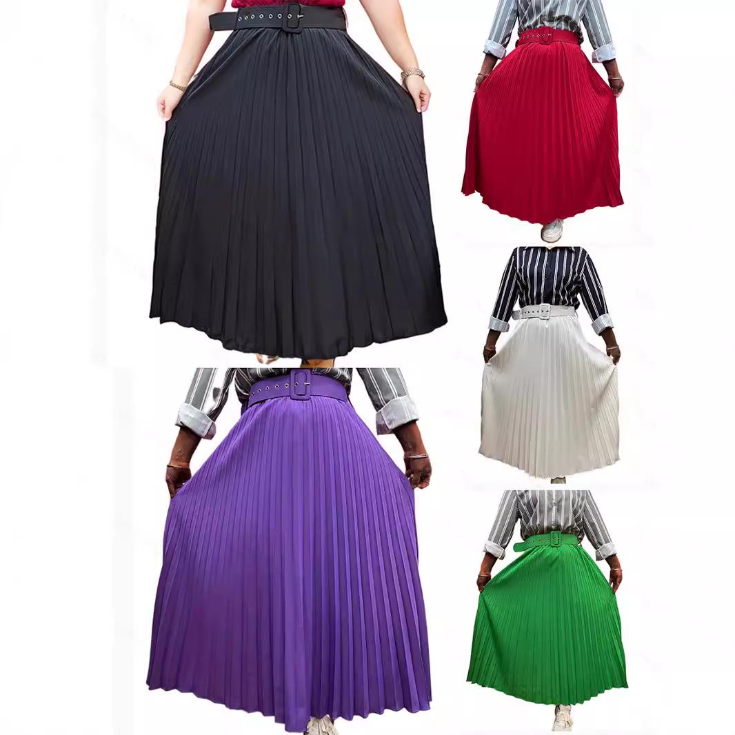 

Elegant Solid Color Pleated Long Dress with Belt Design Extra Large