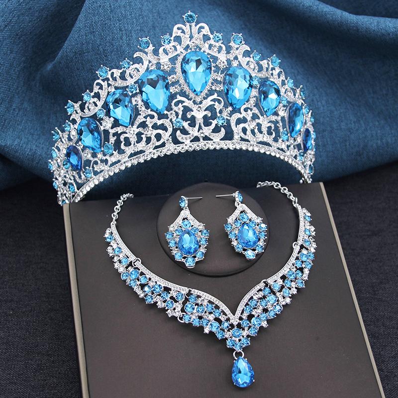 Gorgeous Blue Crown and Necklace Earrings Sets for Brides Prom Large Tiaras Princess Diadem Bridal Dubai Jewelry Set Wedding