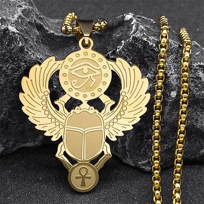 Egyptian Scarab Eye of Ra Horus Necklace Stainless Steel Gold Ankh Key Of Life Jewelry Collar Elegant Gift N2336S01