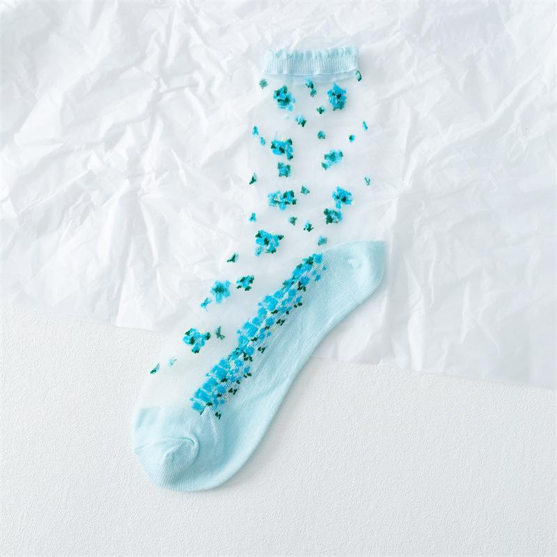 

Нові літні модні жіночі шкарпетки Літні ультратонкі прозорі шовкові шкарпетки з квітковим кристалом Жіночі вінтажні мереживні шкарпетки Harajuku з оборками