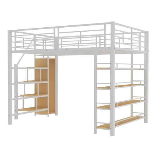 Youth Bed with Safety Stairs Several Shelves Built-in Wardrobe Strong Load Bearing Metal Frame Loft Bed Home Furniture
