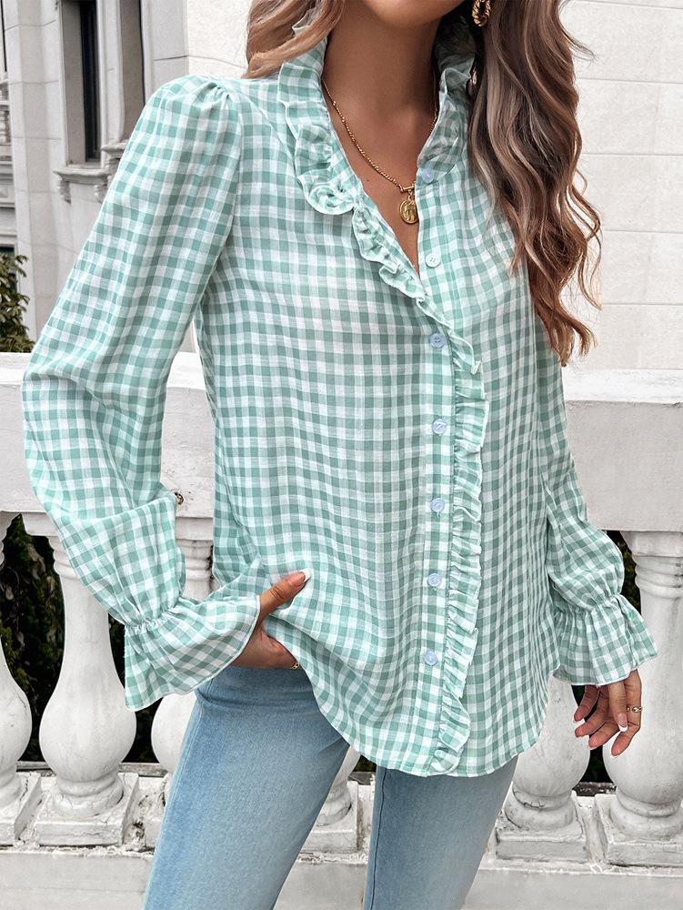 Women's Winter Tops Women's French Plaid Ruffle Button Blouse