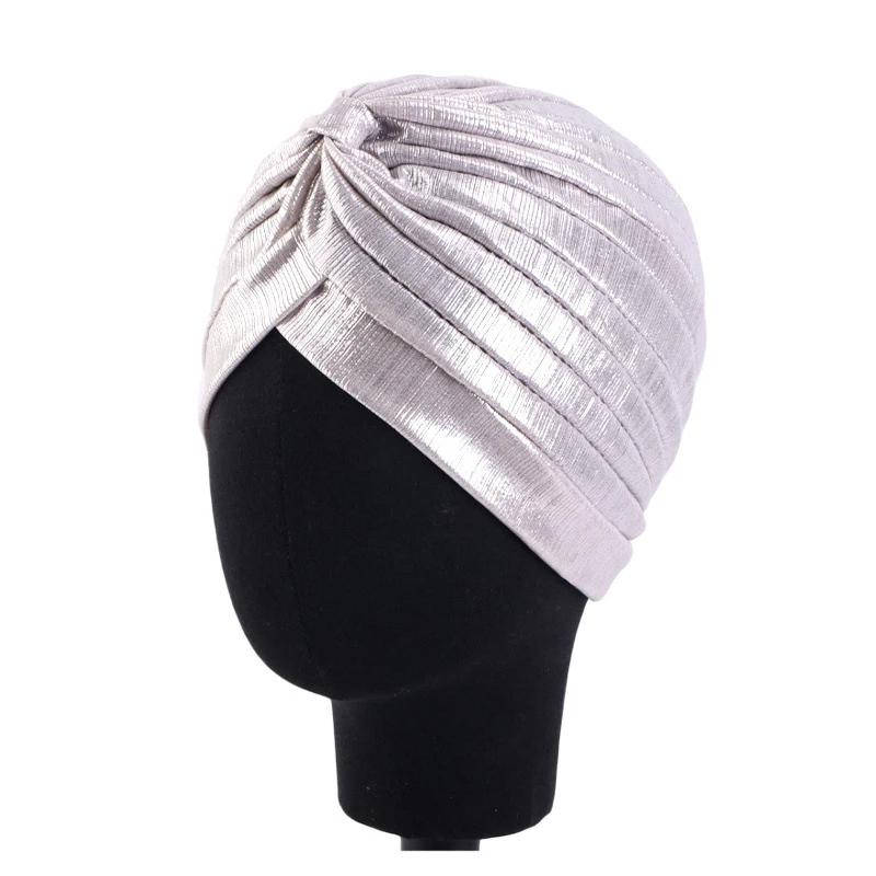 Nové dámské zlaté stříbrné turbanové čepice chemo bandana hidžáb plisovaná indická čepice turbante klobouk dámský šátek na vlasy muslimská pokrývka hlavy