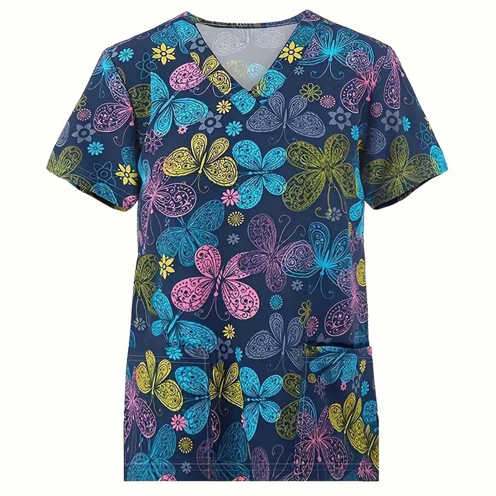 Women's T-shirt V-neck Nurse Uniform Casual Short Sleeved Women's Printed Heart T-shirt