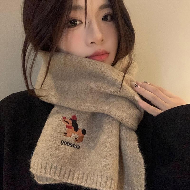 Korean Style Cute Puppy Embroidered Scarf for Women Winter Fashion Wool Blended Shawl Thickened Warm and Cold Proof Knitted Scarf