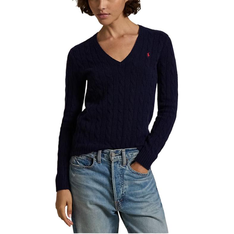 Polo Ralph Lauren Solid Color V-Neck Badge Print Pullover Long Sleeve Sweater Women Sweater Dark-Blue WMPOSWENC020782-400