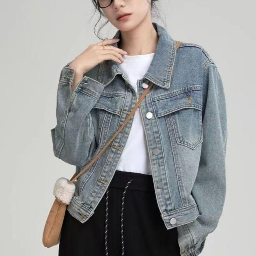 2025 Spring Women s Washed Blue Denim Jacket - Long Sleeve, Loose, Casual Trend L