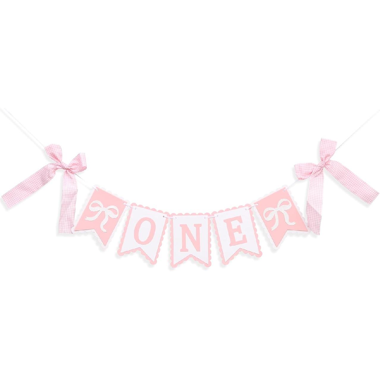 Bow First Birthday High Chair Banner - Pink Bow 1st Party Decoration,Coquette First High Chair Banner,Coquette One Birthday Photo Prop (bow 1st) bow first