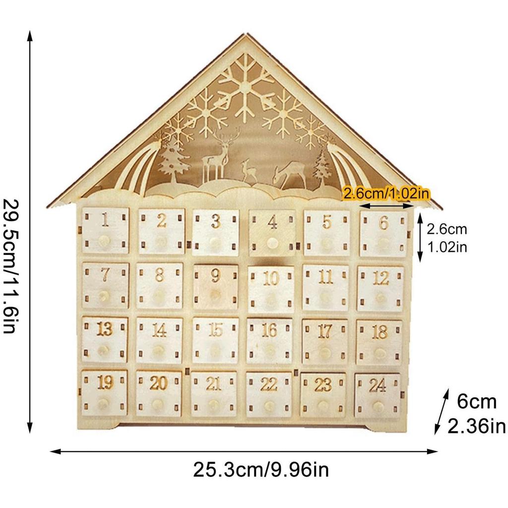 Wood Christmas Advent Calendars House LED Lights 24 Days Countdown Storage Organization Figurines Room Home Christmas Decoration
