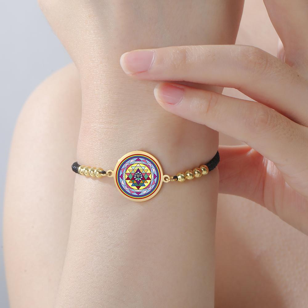 Dawapara Sri Yantra Bracelet Adjustable Braided Rope Sacred Geometry Mandala Chakra Spiritual Jewelry Stainless Steel
