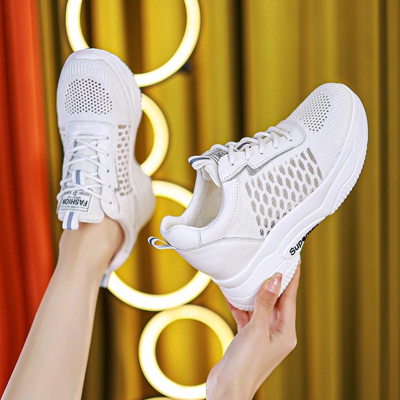 Spring new slope heel muffin platform casual shoes inner height increase women's shoes small white shoes flying woven breathable