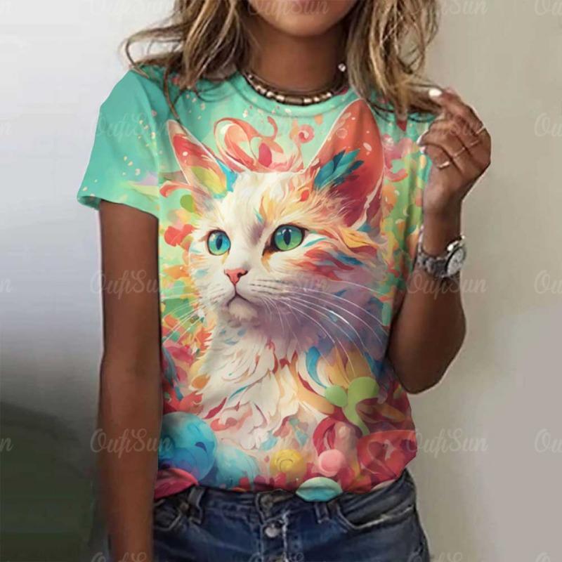 Damen Niedliches Katze Kurzarm T-Shirt Weihnachten Tiere Aufdruck Rundhals T-Shirt 2024 Mode Kleidung Sommer Lässig Oversize