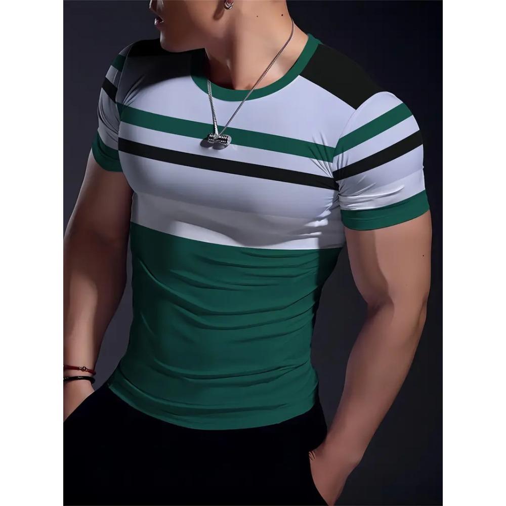 Simple Striped 3D Printed Men's Round Neck Short Sleeve Outdoor Casual Breathable Sweat Absorbent Men's Top Fashion And Fashion