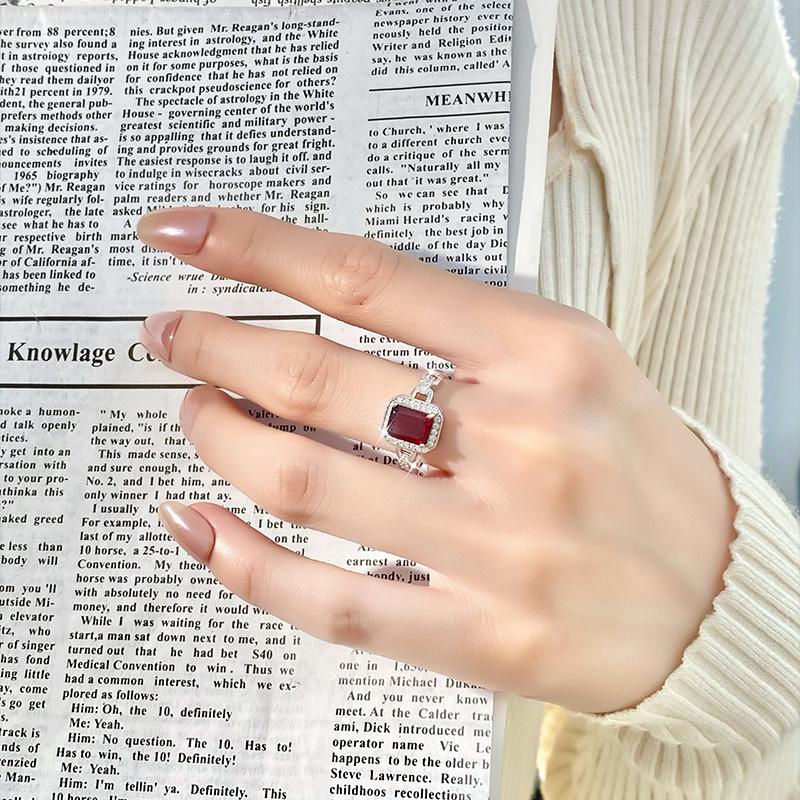 S925 Sterling Silver Square Natural Crystal Ring, Paved Colored Gems Adjustable Band, Luxury European Style Jewelry for Women, Daily Wear & Gift