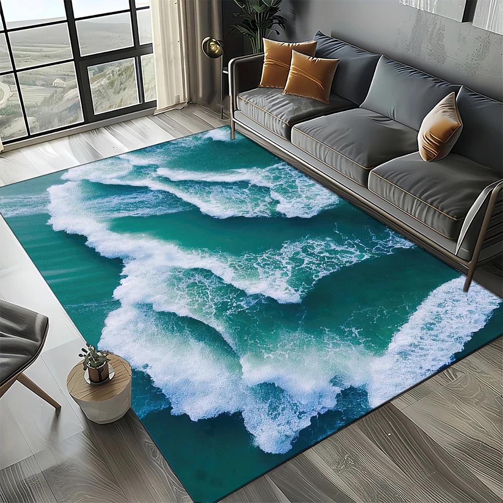 Style New Blue Green Seawater Sea Wave Ocean Carpet Rug for Living Room Bedroom Home Sofa Decoration, Floor Mat
