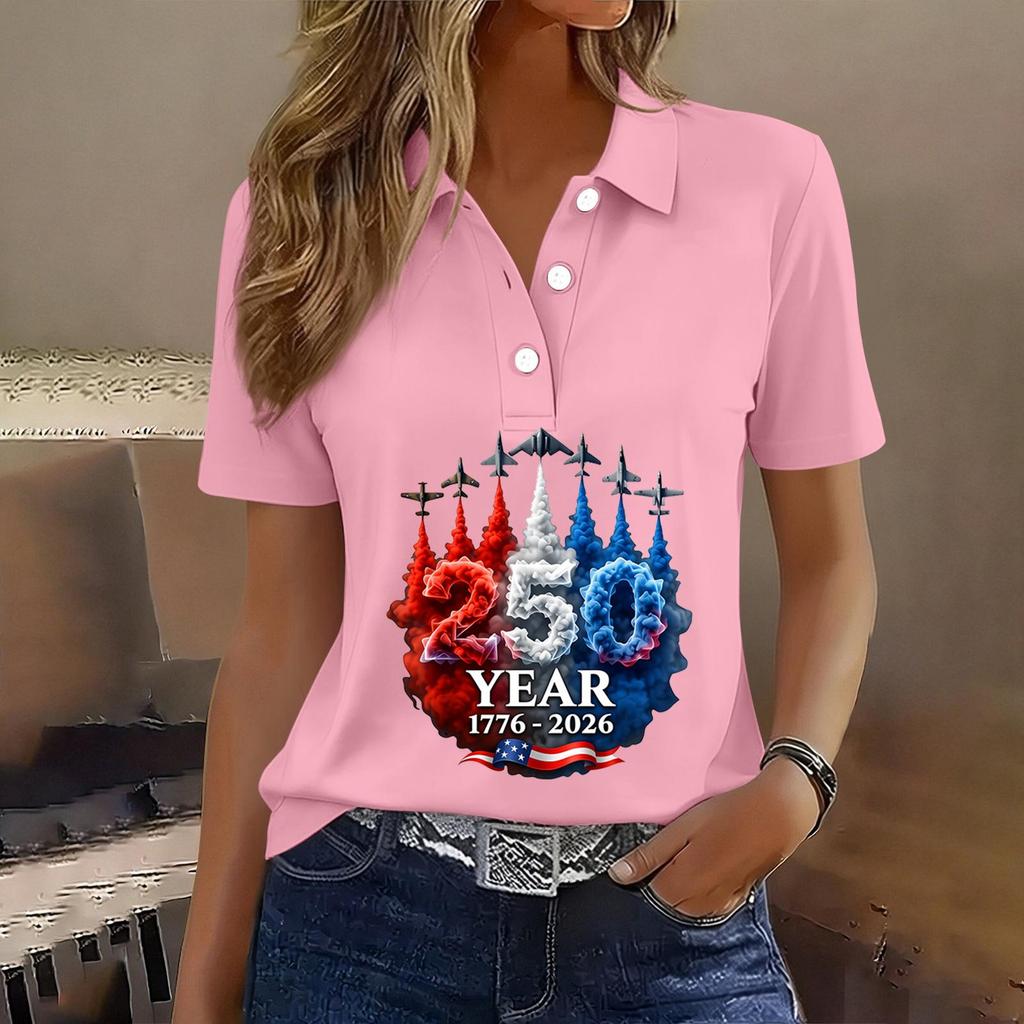 Women's Casual Button Front Short Sleeve Polo Shirt 250th Anniversary Patriotic Print Independence Day T-Shirt Top for Summer