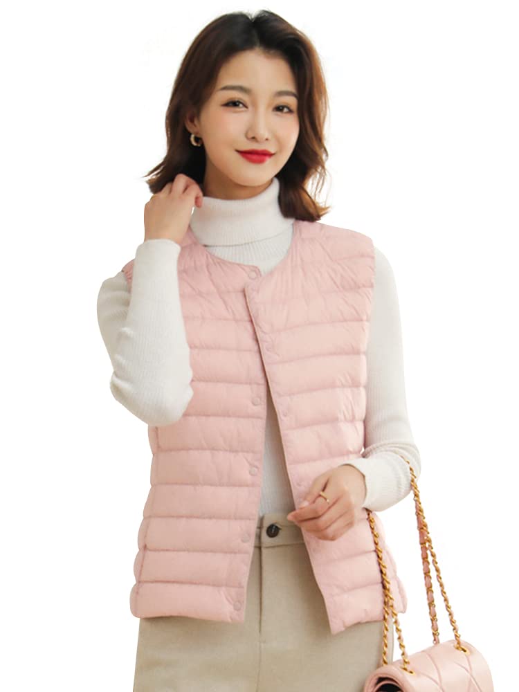WOFOCSY Ultralight Down Vest with or Crew Lightweight and Includes Storage SY135 Women's V-Neck Neck, Warm, Pouch, (JP, Alphabet, XL, Pink)