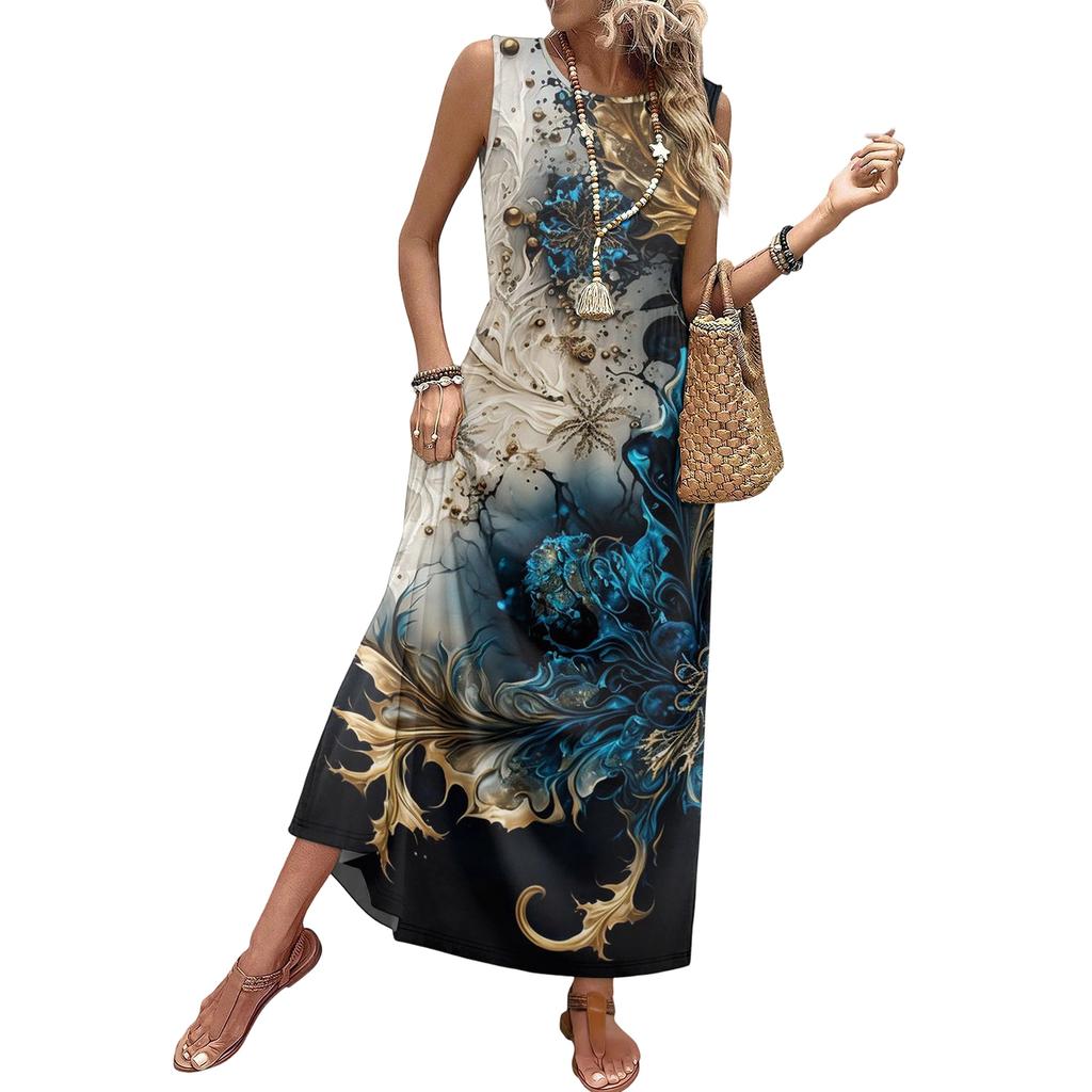 Ladies' Floral Print Casual And Fashionable Waist Cinched Sleeveless Dress