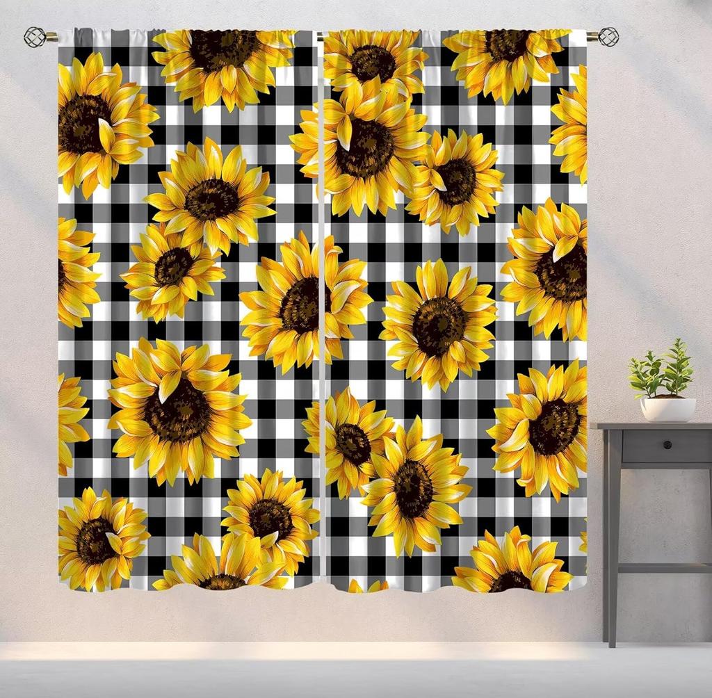 Farmhouse Sunflower Curtains Country Vintage Floral Wooden Board Art Printed Window Drapes Bedroom Kitchen Decor Room Darkening Polyester Master