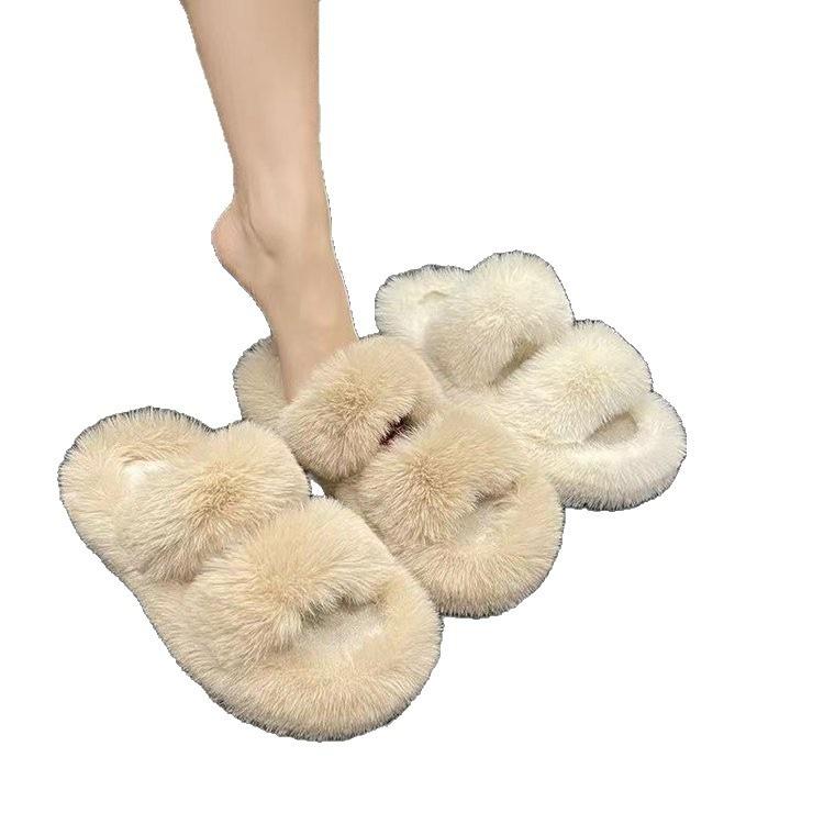Muffin Thick-soled Fluffy Slippers 2025 Autumn and Winter New Outer Wear Heightening Soft-soled Home Household Cross-haired Drag Women's Shoes