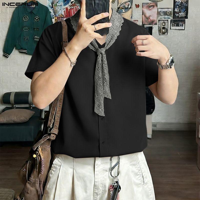 INCERUN Summer Men Lace Tie Up Short Sleeve Casual Oversized Shirts