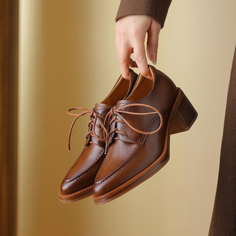 2024 Nový Luxusní Design Dámské Ležérní Kožené Boty Pravá Kůže Boty na Vysokém Podpatku s Kulatou Špičkou Britské Šněrovací Derby Boty Lodičky