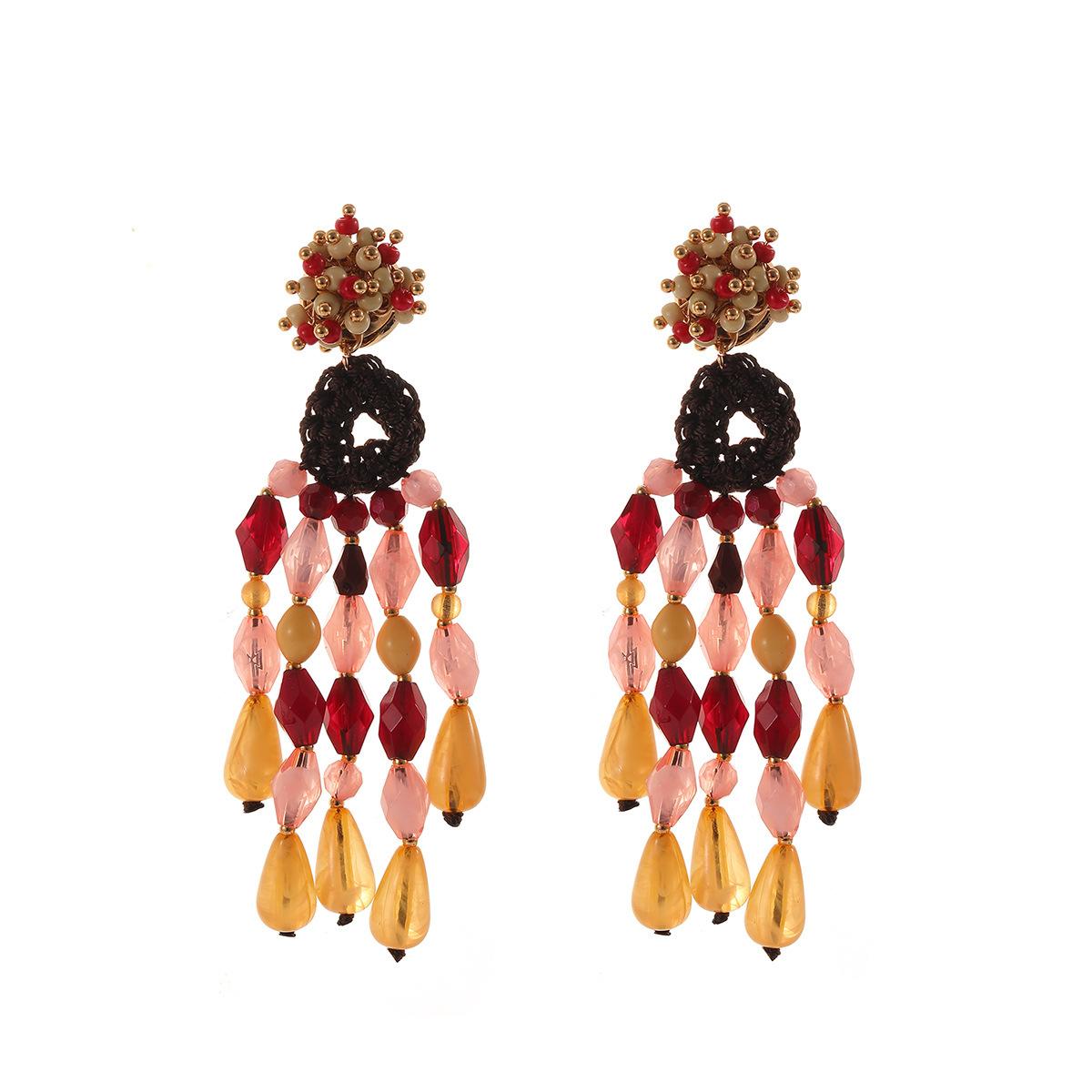 Exaggerated hand woven droplet shaped tassel multi-layer earrings dopamine geometric women s fashion