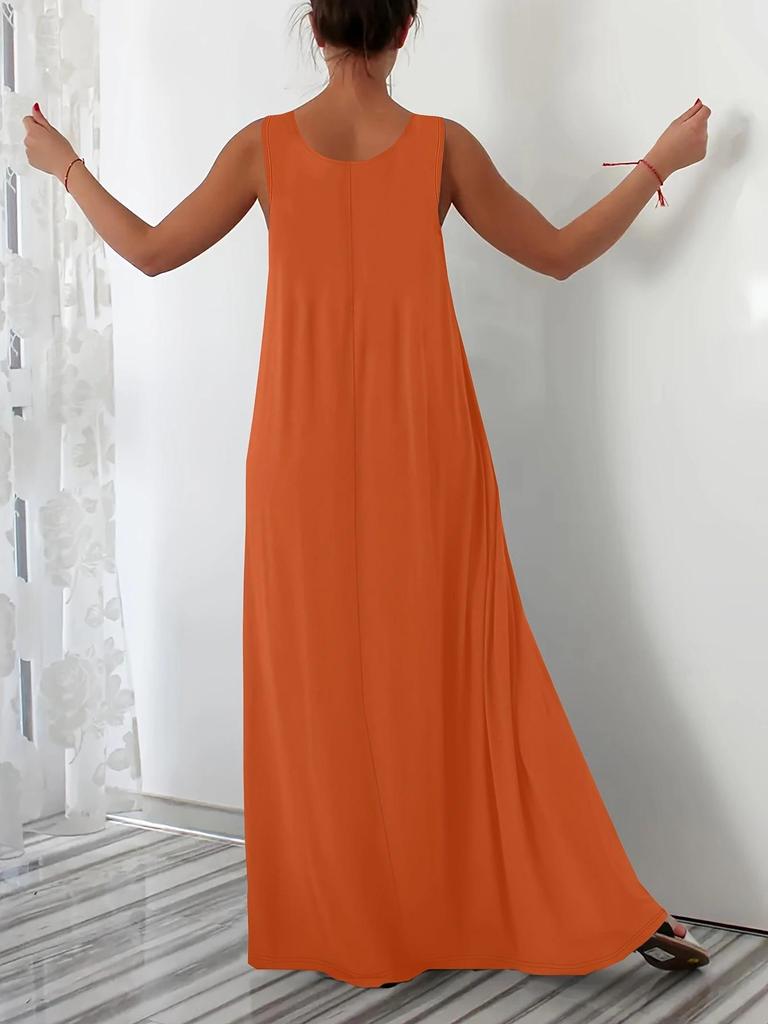 Plus Size Summer Solid Color Dress with Side Pockets (European and American Style)