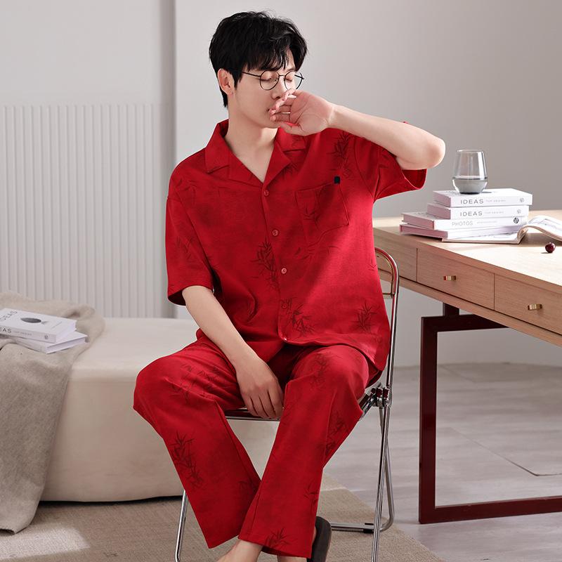 Couple pajamas summer new pure cotton red short-sleeved trousers women's wedding natal year men's cool thin loungewear
