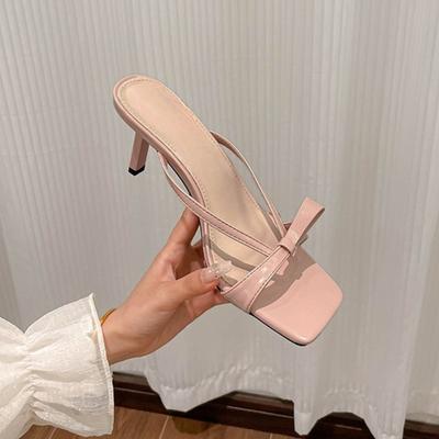 Mode Square Toe Schleifen-Slipper Damen Sommer 2025 Neu Draußen Tragen Flip Flops Temperament Stiletto Rutschfest Hohe Absätze