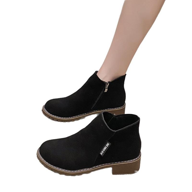European and Americanforeign Trade Short Tube Medium Heel Retro Matte Short Boots Women's Cross-border Thick Heel Flat Bottom Side Zipper Martin Boots
