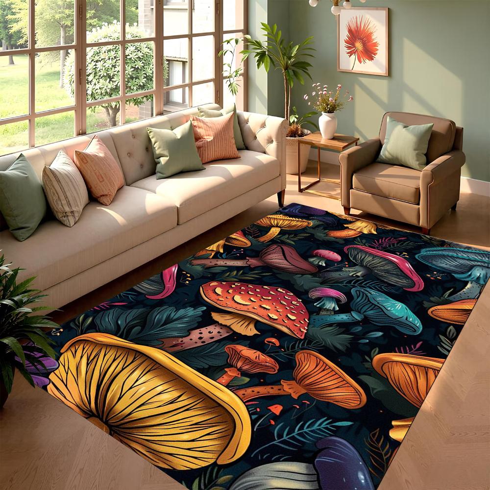 Vivid Mushroom Fantasy Pattern Carpet Colorful Living Room Rug for Home Decor with Green Leaf Design Cozy Non-slip Mat Gift