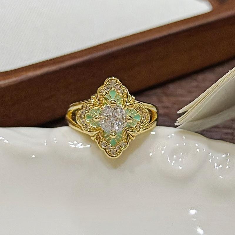 Mittelalterlicher Vintage Leichter Luxus Emaille Exquisite Blüte Öffnungsring Retro Nische High-End Ring