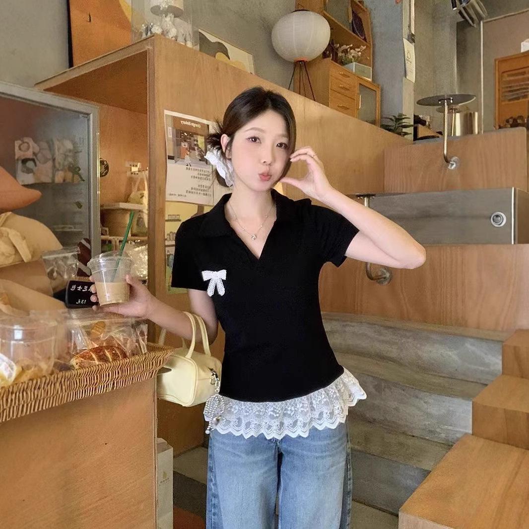 

Жіноча футболка великого розміру з мереживною облямівкою та бантом, з коміром поло, з коротким рукавом - Літній облягаючий топ XL чорний