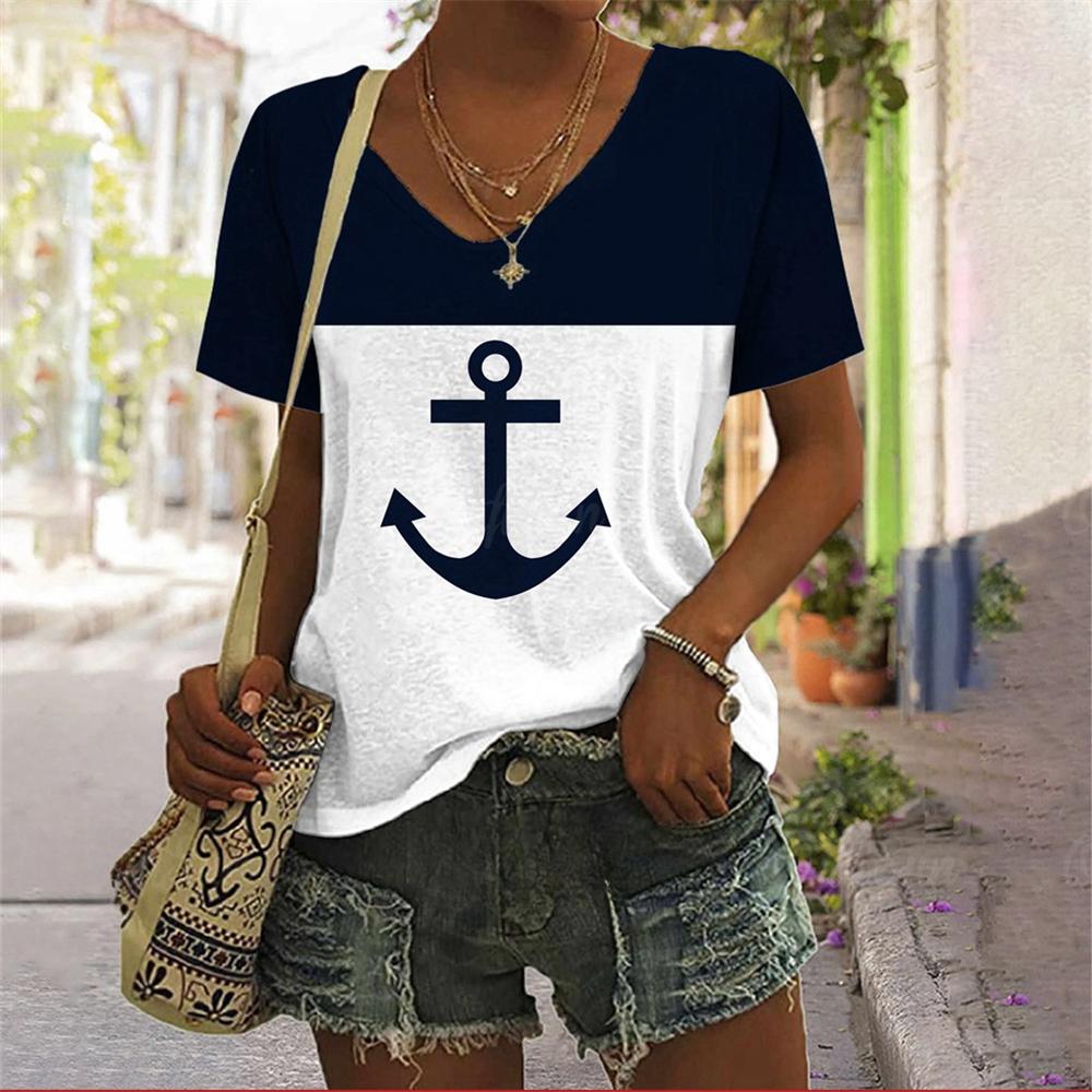 Sommer Oversized T-Shirts Ankerprint Oberteil für Damenmode V-Ausschnitt Damenmode Große Größen Stil T-Shirt für Damen