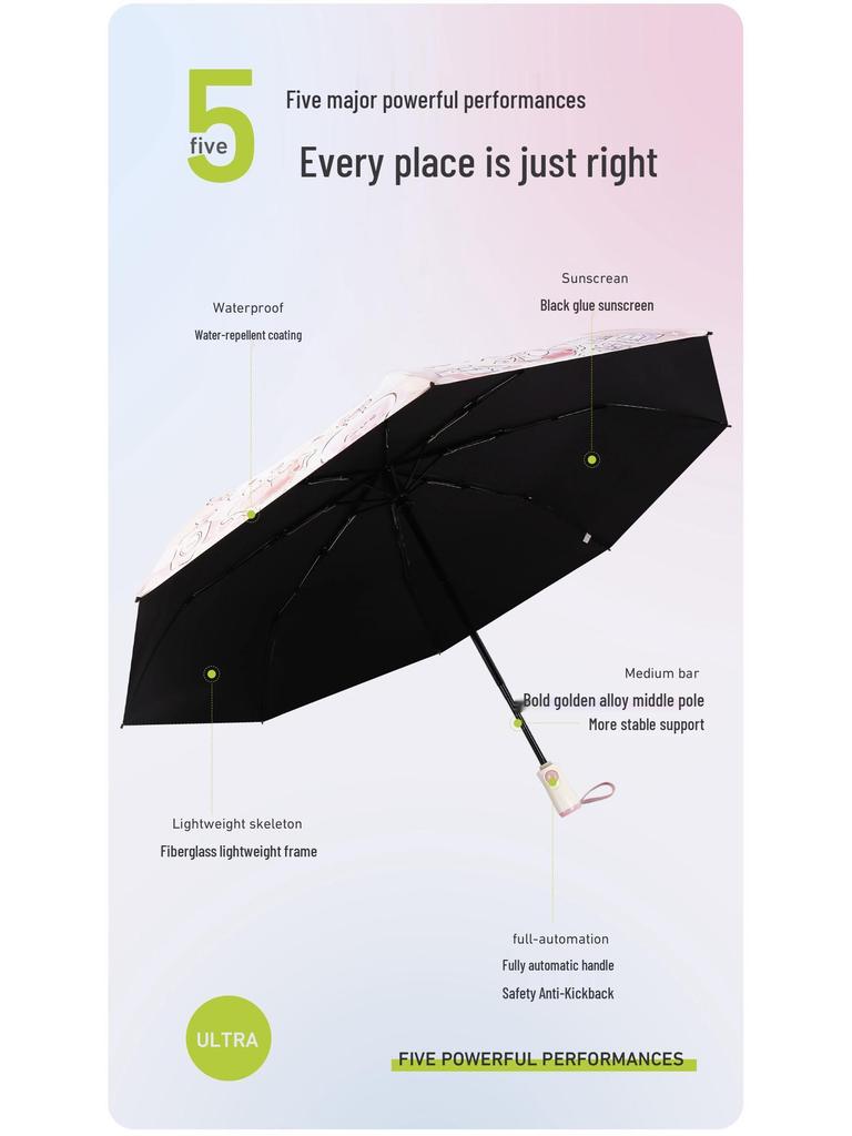 Auto Anti-Rebound Cartoon Umbrella for Female Students: Foldable, Portable, Dual-Use Sun and Rain Protection