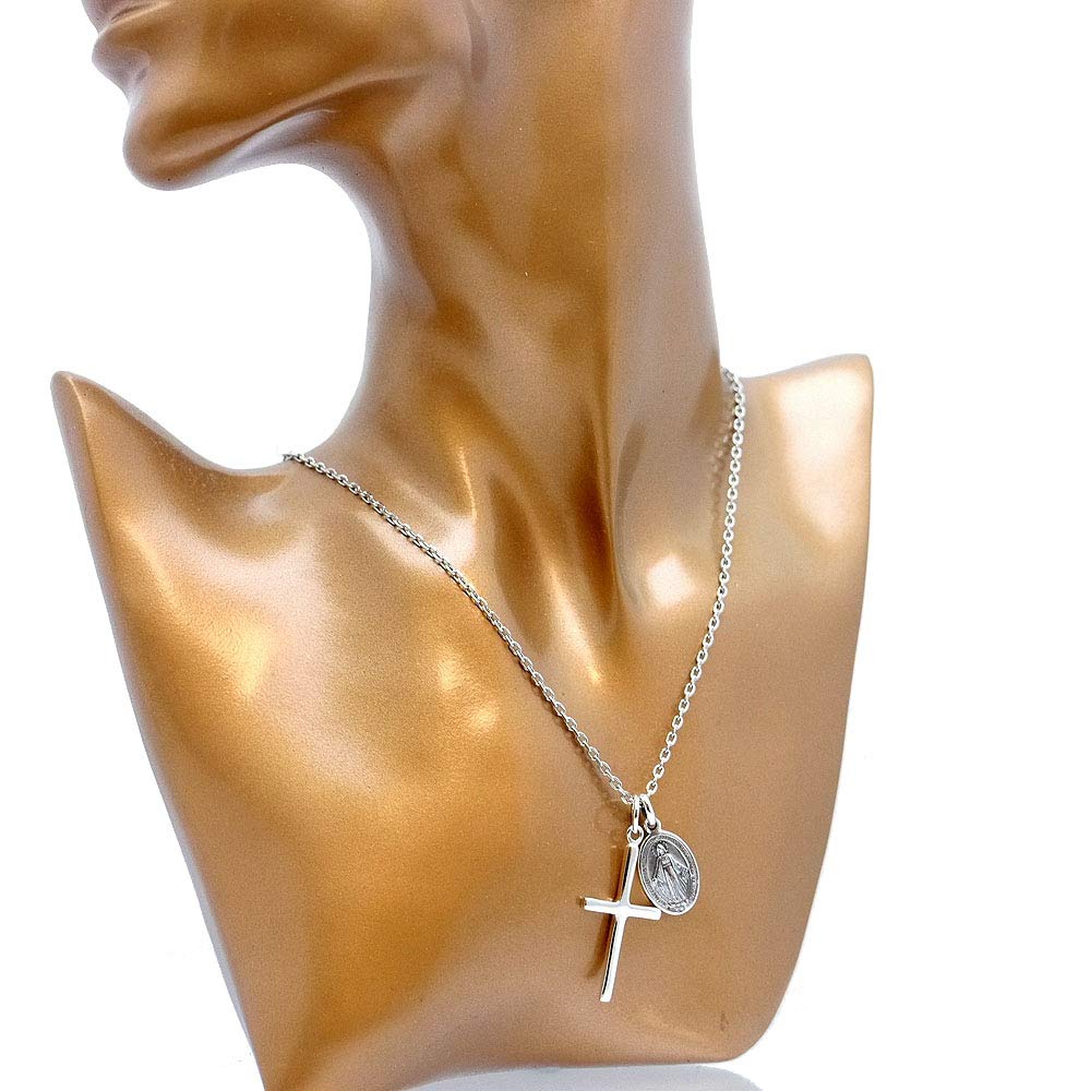 [Silver One] Sterling Silver 925 Miraculous Medal Virgin Mary & Cross Necklace Pendant Set with Chain for Men C1 [Length 50cm]