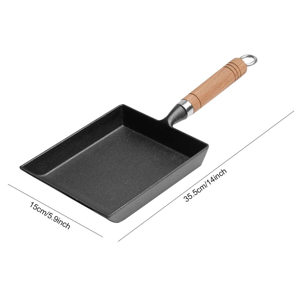 Cast Iron Frying Pan with Wood Handle Omurice Cooking Pot Non-Stick Pancake Mold Skillet Pan Anti-Scald for Home Kitchen