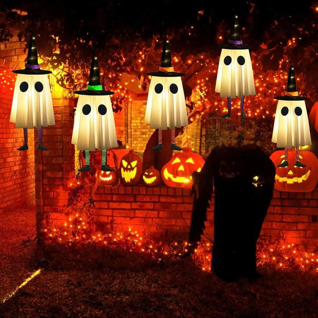 Set of 3 Halloween Hanging Ghosts, Halloween Decorations Outdoor with Witch Hat Lights Halloween Ghost Decor for Yard Patio Garden Tree Outside