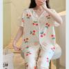 Three-Piece Set Women Sleepwear Silk Short-Sleeved Trousers Pajamas Ladies Cartoon Bear Cherry Lapel Cardigan Sexy Nightwear