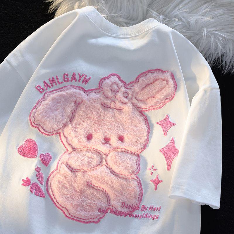 Women's Summer Heavyweight Embroidered Cartoon Rabbit Cotton T-Shirt – Loose, Short-Sleeved Design