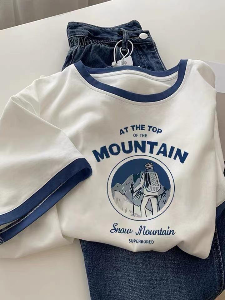 Czysta bawełna, biały t-shirt damski z krótkim rękawem, letni design, niszowy, w kontrastowym kolorze, w stylu Hong Kongu, szykowny top z bazą