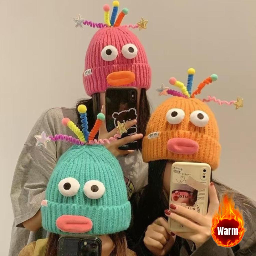 High qualityWomen'S Cute Ugly Sweater-Style Hat with Expressive Eyes & Fluffy Ears - Soft Warm Winter Beanie, Lightweight Non-Stretchy Face-Show