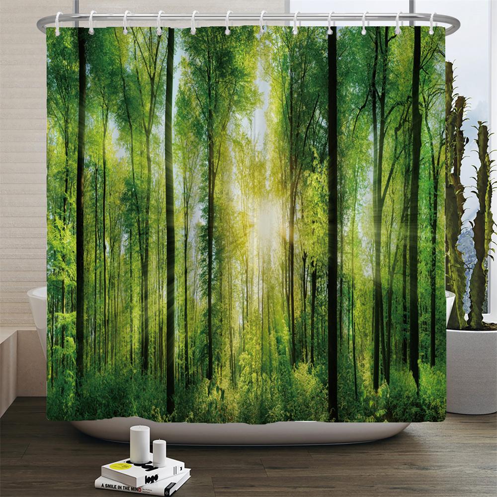 Natural Scenery Shower Curtain Set Forest Waterfall Spring Landscape Home Bathtub Decor Waterproof Polyester Bathroom Curtains